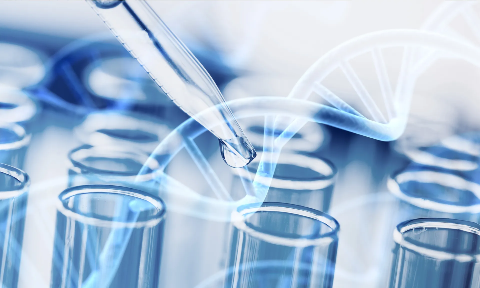 A pipette depositing a drop of liquid into test tubes with a representation of a DNA double helix in the background.